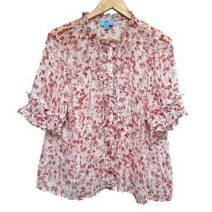 CeCe Sheer Floral Ruffle Blouse Womens XL Pink Cottage Lightweight‎ Feminine